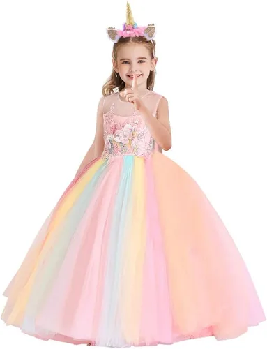Vista 39 de Vestido de tul de unicornio arcoíris para niñas, vestido de princesa para cumpleaños, Halloween, Navidad, concurso de baile, fiesta de baile