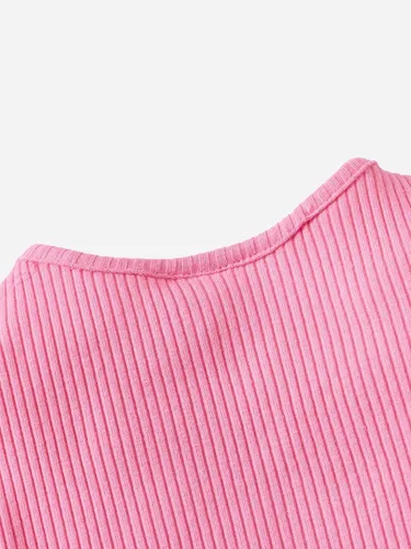 Vista 4 de MakeMeChic Camiseta de manga corta con ribete de lechuga y bloque de color para niña