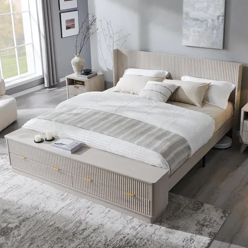 Vista 10 de T4TREAM Cama Queen acanalada con cabecera y banco de almacenamiento, nogal Nogal oscuro