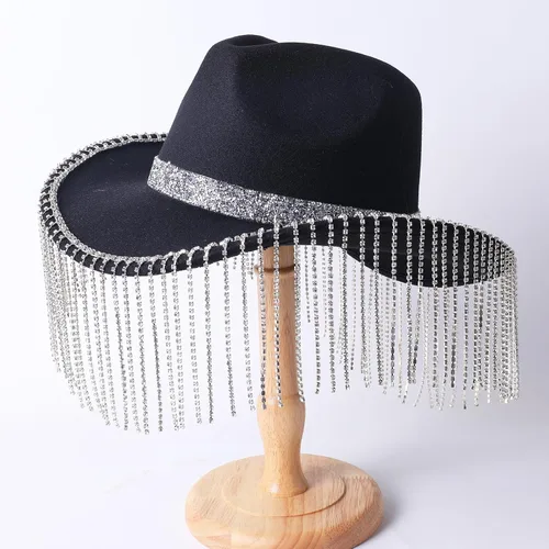 Vista 3 de Lanzom Women Rhinestone Cowgirl Hat Glitter Bling Diamond Fringe Cowboy Hat for Party Music Festival Halloween