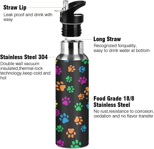 Vista 3 de Colorful Dog Paw Prints Stainless Steel Water Bottle 32 Oz, BPA-Free Sports Water Bottle with Straw Leakproof Water Bottles