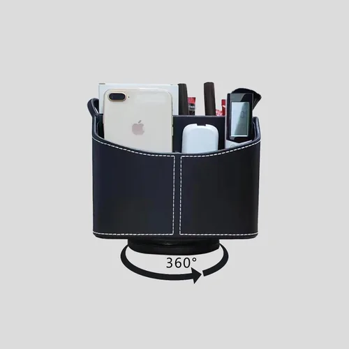 Vista 4 de Caja de almacenamiento de suministros de escritorio giratoria de 360 grados, soporte de control remoto de piel sintética, organizador de escritorio