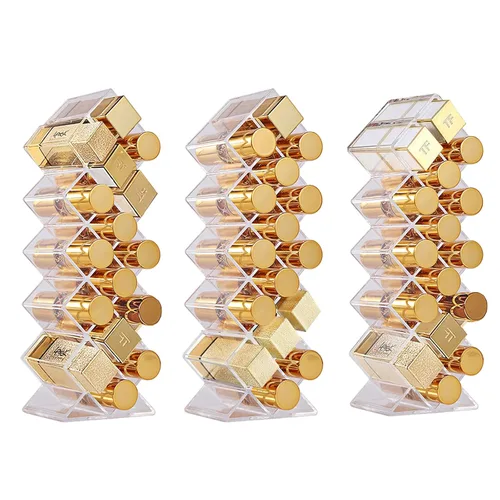 Vista 8 de Paquete de 3 soportes para lápices labiales, 30 espacios, acrílico, apilables, con forma de pez, soporte de exhibición de brillo de labios