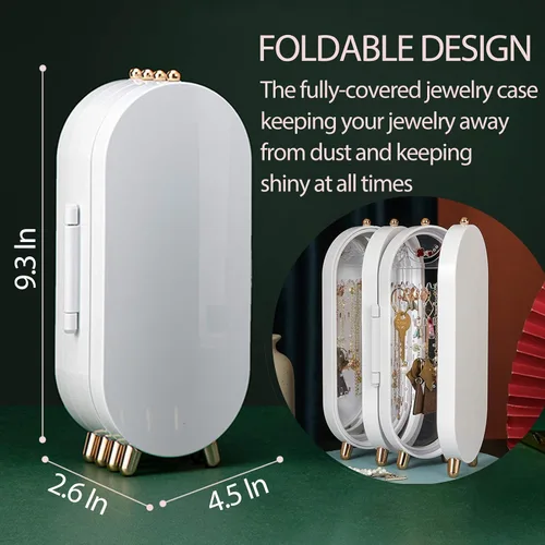 Vista 3 de Soporte plegable para aretes caja organizadora de joyas con espejo aretes collar joyero organizador de collar para mujeres y niñas caja organizadora