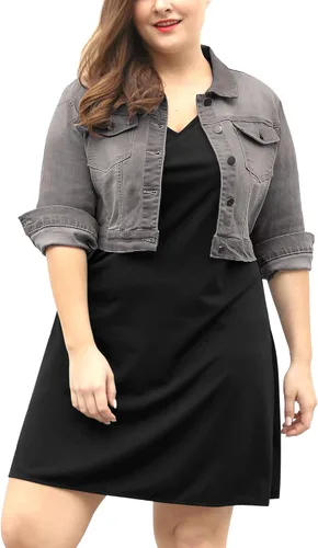 Vista 15 de uxcell Chaquetas de mezclilla cortas con botones de talla grande para mujer con costuras 2025