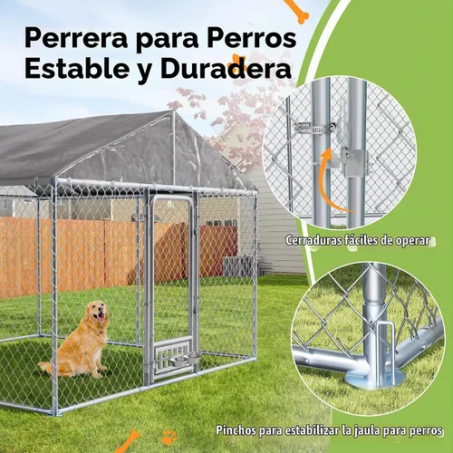 Vista 4 de Grepatio Perrera para perros al aire libre de 10 x 10 pies con techo, recinto exterior para perros con 2 comederos giratorios, cerca para perros