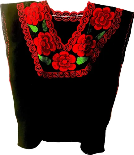 Vista 6 de Casa Fiesta Designs Blusa mexicana floral - Auténtica blusa bordada de Chiapas, hecha a mano, color negro con flores rojas, Negro