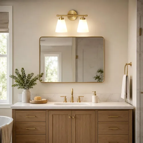 Vista 7 de Hamilyeah Lámpara de tocador de baño dorada con pantalla de vidrio esmerilado, 2 lámparas de tocador sobre espejo, 2 lámparas de pared para baño