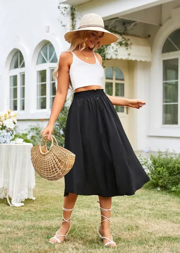 Vista 4 de Kate Kasin Faldas por debajo de la rodilla con bolsillos para mujer, a la moda, elásticas, de cintura alta, casuales, bohemias, holgadas