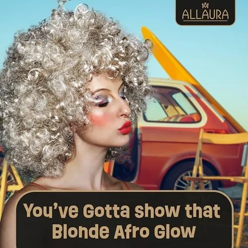 Vista 2 de ALLAURA Peluca rubia rizada tipo afro enorme para mujeres y hombres para disfraz estilo disco de los años 70, atuendo de fiesta funk, eventos