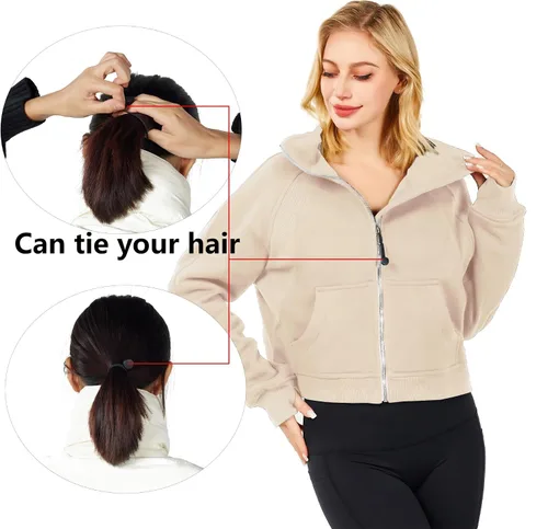 Vista 2 de Sudadera corta con media cremallera para mujer, sudadera con capucha de forro polar, sudadera con capucha de un cuarto para primavera y otoño, ropa