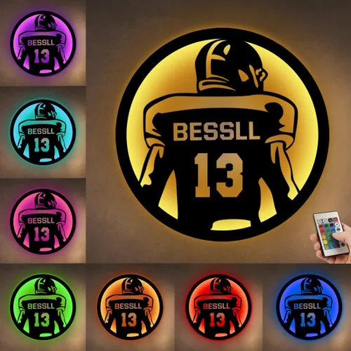 Vista 13 de Letrero de metal personalizado para jugador de fútbol con luz LED, nombre y número personalizado, arte de pared de fútbol, letrero de neón