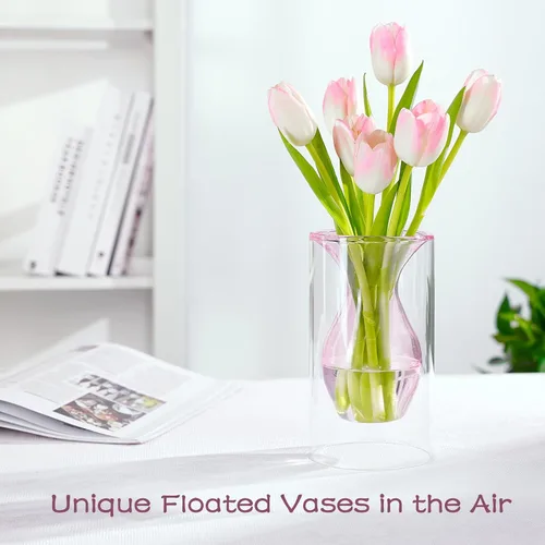 Vista 3 de ZENS Florero Pequeño de Flor Rosa Único, Florero de Vidrio Transparente Flotante Doble Hueco, Moderno Jarrón Decorativo Soplado a Mano Fresco