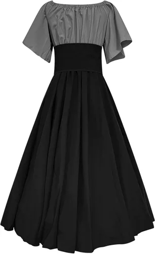 Vista 4 de SHOPESSA Disfraz medieval para mujer, vestido renacentista, vestido de baile de retazos, campesino, manga acampanada, vestido medieval con corsé
