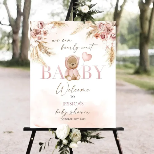 Vista 7 de Letrero de bienvenida personalizado para baby shower, tablero de bienvenida personalizado con oso de peluche para baby shower, decoración neutra