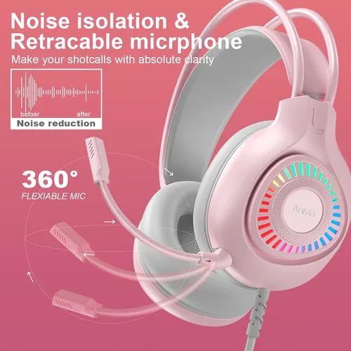 Vista 3 de Emonoo Auriculares para juegos rosa con decoraciones de orejas de gato, auriculares con cable con micrófono de cancelación de ruido y efecto de luz