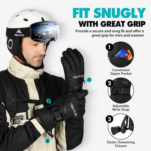 Vista 6 de Hikenture Ski Gloves Men -Waterproof Insulated Snow Gloves with 3M Thinsulate -Touchscreen Winter Snowboard Gloves for Cold Weather, Windproof