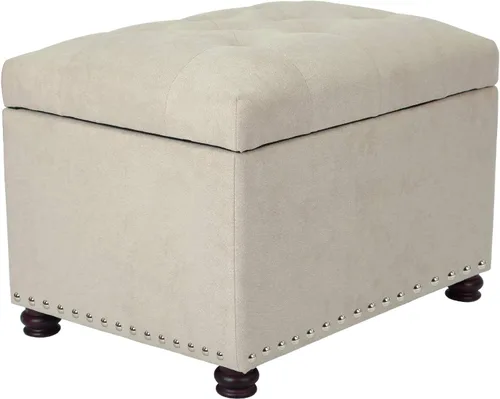 Vista 13 de Adeco Otomana Almacenadora Colorida con Almacenamiento, Otomana de 53 cm de Lino con Reposapiés y Tapa con Bisagra con Patrón de Hojas Azules