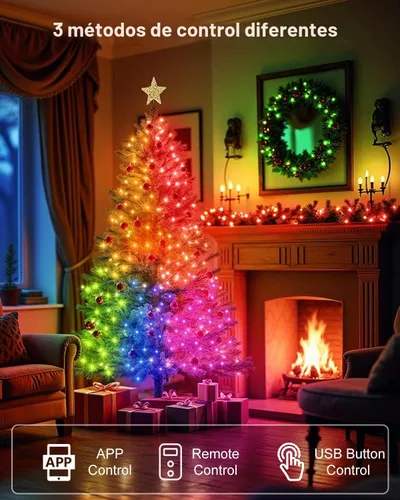 Vista 6 de Luces de Hadas Inteligentes Paquete de 2 Total 66 Pies 200 Luces LED de Cadena Parpadeantes con Control Remoto y APP, Luces de Árbol de Navidad USB
