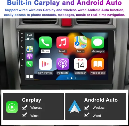 Vista 4 de Estéreo de coche 1+32G para 2007-2011 Honda CRV Radio con HiFi Apple Carplay Android Auto, pantalla táctil de 9 pulgadas con espejo Link Bluetooth