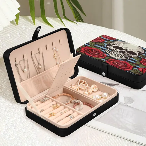 Vista 6 de Flradish Beautiful Rose and Skull Travel Jewelry Box,Portable PU Leather Small Jewelry Organizer for Earrings,Ring,Necklaces,Bracelets