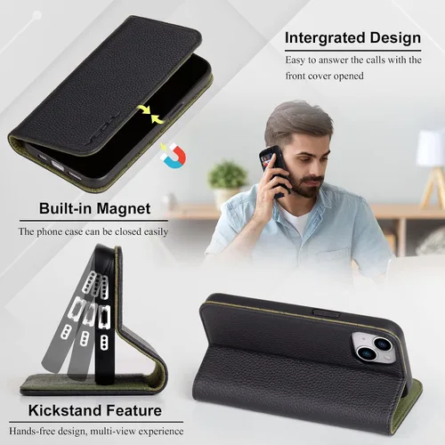 Vista 5 de VISOUL Funda tipo cartera de piel auténtica para iPhone 14, con tapa magnética, con tarjetero y función atril, compatible con iPhone 14