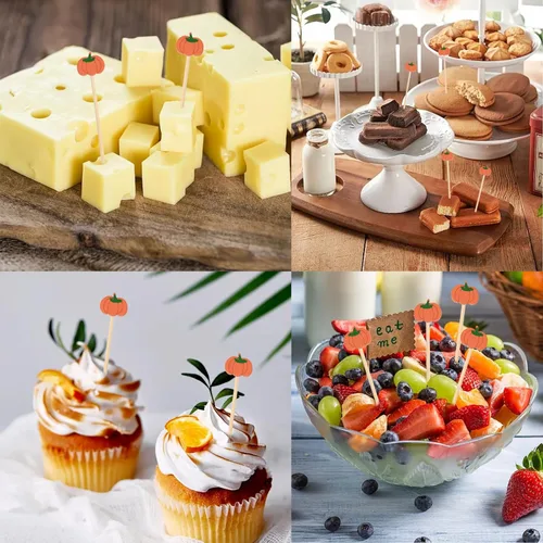 Vista 5 de Honbay 100 piezas de palillos de cóctel de calabaza de bambú de frutas, hamburguesas, palillos de dientes para cupcakes, sándwich, aperitivo