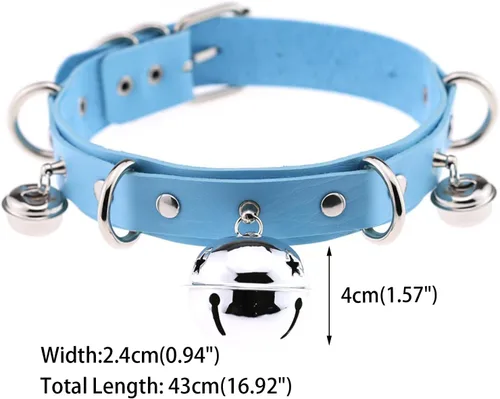 Vista 2 de FM FM42 Collar Gargantilla Multicolor de Cuero Sintético PU Tono Negro Tono Plateado 1.6 pulgadas Remaches de Campana Grande Campana plateada y azul
