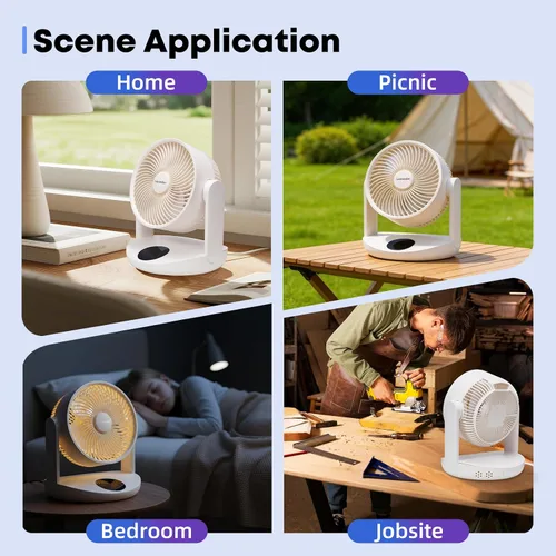 Vista 8 de Ventilador de mesa recargable portátil con luz nocturna, ventilador de escritorio con batería de 20000 mAh, ventilador de circulación de aire