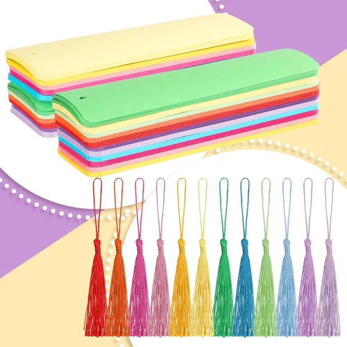 Vista 3 de Sinmoe 120 marcapáginas de papel en blanco, cartulina, borlas coloridas, manualidades, a granel para proyectos de aula, regalos, etiquetas