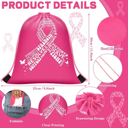 Vista 2 de Panelee Mochila con cordón para concientización sobre el cáncer de mama, 12 x 10 pulgadas, bolsas con cordón de cinta, accesorios