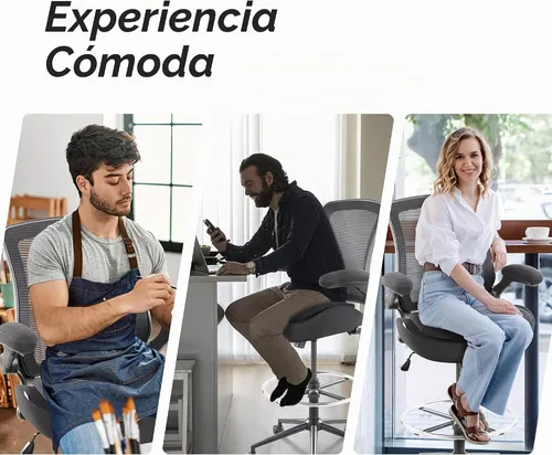 Vista 4 de Silla de redacción alta para oficina, taburetes ergonómicos de escritorio de pie para computadora, reposabrazos abatibles, altura ajustable y anillo