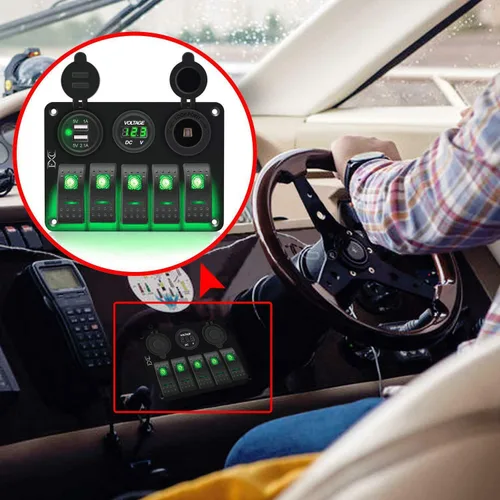 Vista 8 de FXC Interruptor basculante de 5 segmentos con doble ranura USB de 5 V 3.1 A + medidor de voltios + encendedor de cigarrillos para lanchas marinas