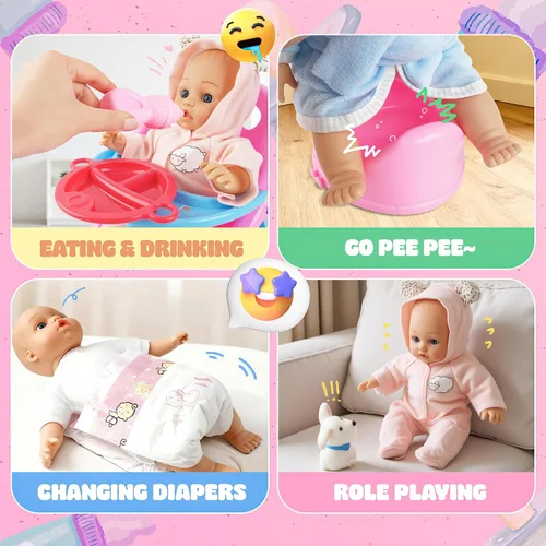 Vista 6 de SMILESSKIDDO - Juego de juguete de cochecito de muñeca bebé - Muñecas blandas de 12 pulgadas con accesorios, silla de comedor, ropa para muñecas