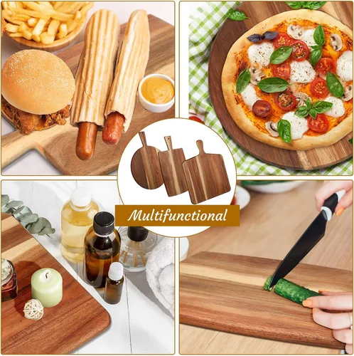 Vista 2 de Zhehao Juego de 3 tablas de cortar de madera de acacia con mango para charcutería queso, tabla de servir tabla de cortar pan de carne, tabla