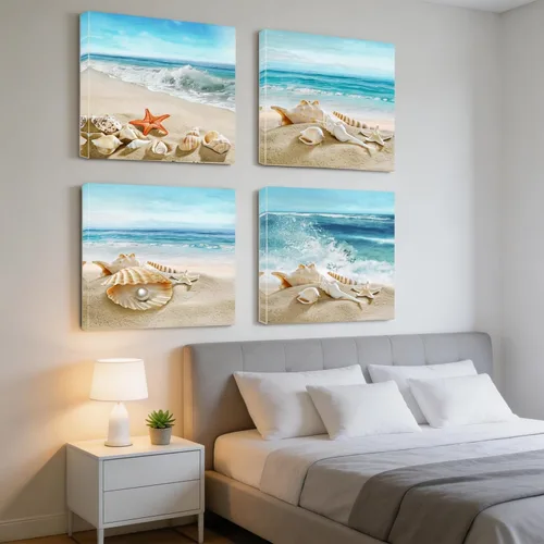 Vista 4 de Sandy Beach Shells - Lienzo con diseño de estrellas de mar y conchas de playa, arte de pared moderno, enmarcado para decoración de oficina en casa