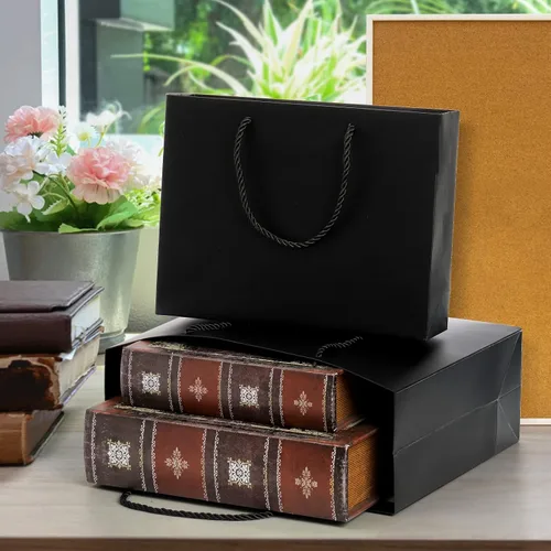 Vista 7 de Lyellfe Paquete de 30 bolsas de regalo negras, bolsa de papel kraft resistente con asa, bolsa de compras impermeable de lujo, bolsas de mercancía al