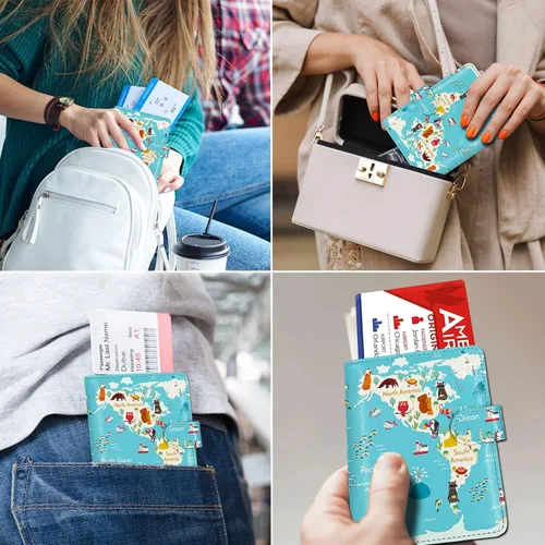 Vista 4 de RSAquar Combo de portatarjetas de pasaporte y vacunación, funda de pasaporte, funda de cuero para tarjetas de viaje, accesorios con bloqueo RFID