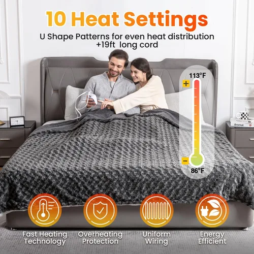 Vista 3 de WOOMER Manta térmica tamaño full de 77" x 84", manta eléctrica con control, temporizador de 0.5 a 12 horas y 10 niveles de calentamiento