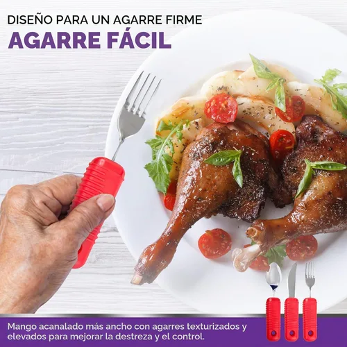Vista 6 de Juego de utensilios rojos de fácil agarre de 3 piezas, tenedor flexible