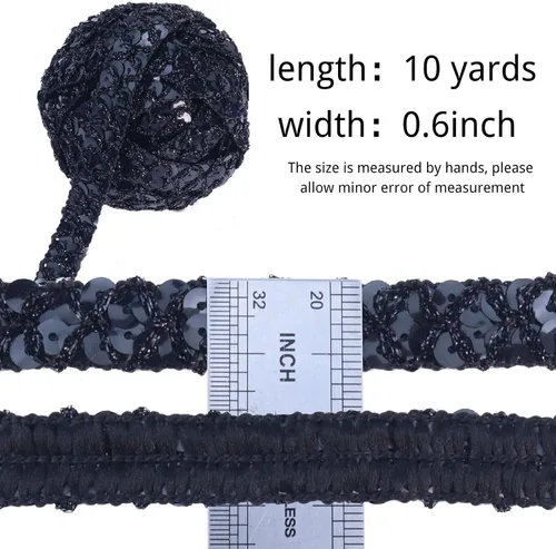 Vista 2 de Cinta de encaje con purpurina para manualidades, adornos, accesorios de disfraz de 10 yardas (negro)