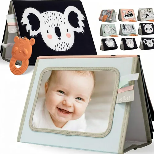 Vista 7 de Libro de tiempo de barriga suave con espejo estimulante seguro para bebés - Divertido juguete Montessori en blanco y negro con relleno arrugado y 20
