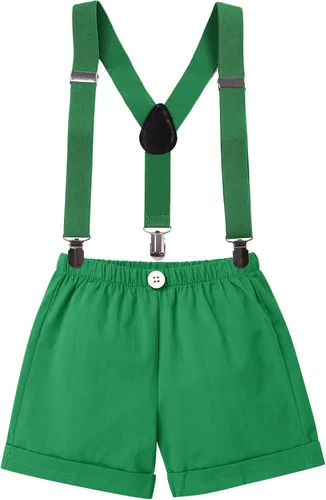 Vista 3 de IWEMEK Disfraz de safari de la selva para el primer cumpleaños de los niños y bebés traje salvaje pantalones cortos tirantes en Y para fotos