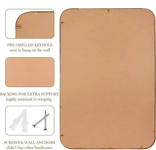 Vista 6 de Espejo de pared para baño, espejo rectangular de 24 x 36 pulgadas, marco de cuentas de esquina redondeada, espejo de tocador grande que se cuelga