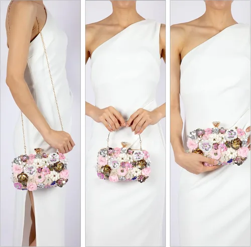 Vista 4 de POPIDEO Women's Flower Floral Evening Clutch Bag Wedding Purse Rhinestone Crystal Beaded Cocktail Party Bridal Prom Handbag