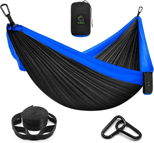 Vista 13 de Grassman Hamaca de camping doble y individual hamaca portátil con correas de árbol, hamacas de paracaídas de nailon ligero, accesorios de Negro &