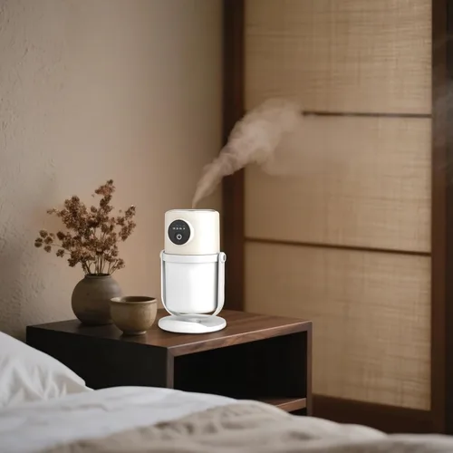 Vista 2 de Mini humidificador USB de escritorio, 9.5 fl oz, portátil de doble pulverización, humidificador de plantas beige, con luz nocturna cálida