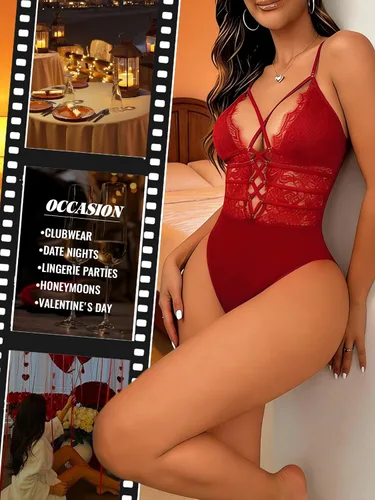 Vista 5 de Buitifo Lencería de una sola pieza estilo babydoll para mujeres, de malla transparente, con detalle de lazo entrecruzado, escote en V