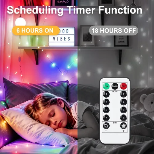 Vista 3 de Paquete de 6 luces de hadas a pilas con temporizador remoto, 8 modos de iluminación, 7 pies, 20 luces LED impermeables para Halloween, Navidad