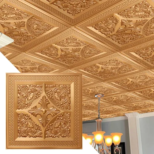 Vista 8 de Dundee Deco Pegamento de oro antiguo rústico floral para colocar o colocar, panel de techo decorativo 3D de PVC, 2 pies x 2 pies